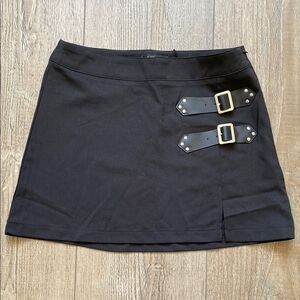 Dolls Kill Brand Widow Black Mini Skirt with Faux Leather Side Buckle Accents